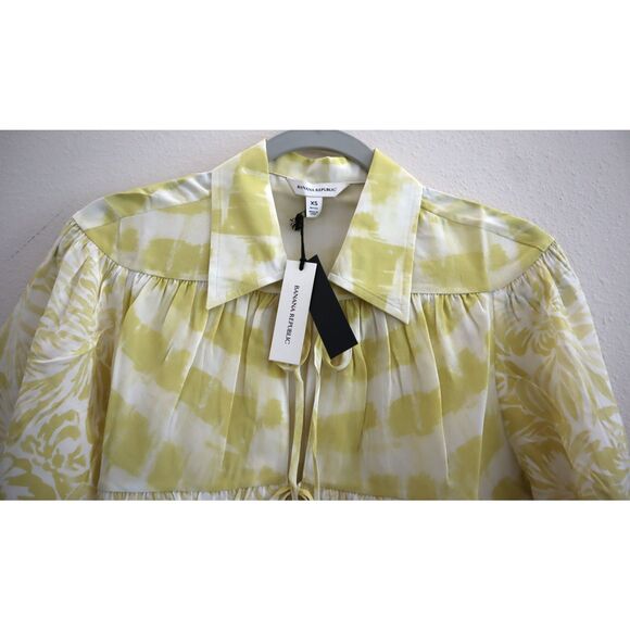 Banana Republic Women Petite Sz XS Yellow Floral Matte Silk Tie-Front Shirt - Picture 4 of 9